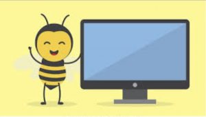 cartoon of bee with computer