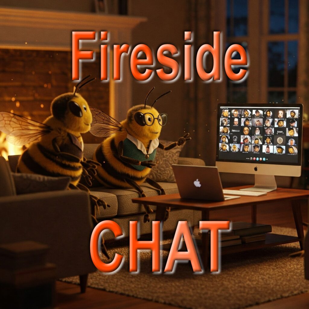 Two bees by a fireplace, on a Zoom