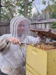 Fred inspects a hive at home