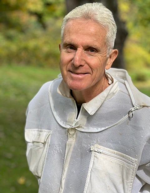 Bill Hesbach wearing a bee suit