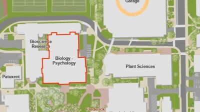 Map of UMD showing BSP Building, Regents Garage