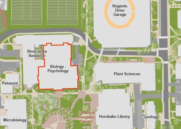 Map of UMD showing BSP Building, Regents Garage