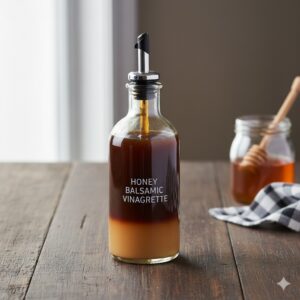 Dressing bottle with honey balsamic vinegar on the front and honey jar in the right background