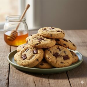 green plate of chocolate chip cookies with honey jar in the left background