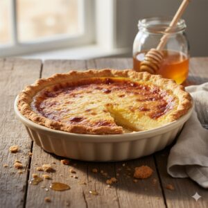 pie in pie plate on wooden table with honey jar in right background