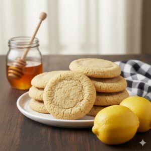 sugar cookies on a white plate with two lemons in the foreground and a jar of honey in the left background