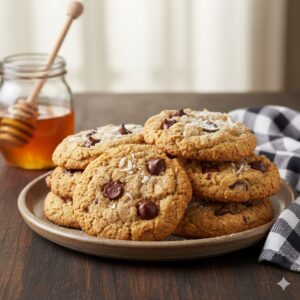 plate of cookies with honey jar in the background