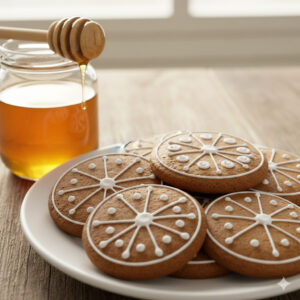 plate of gingerbread cookies with honey jar in upper left hand corner