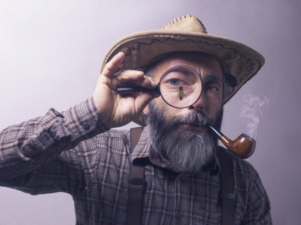 older beekeeper with hat pipe beard magnifying glass and bee