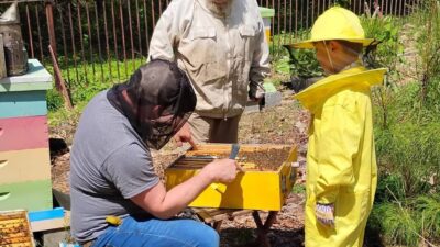 Dr. Zac Lamas works with a child and adult beekeeper